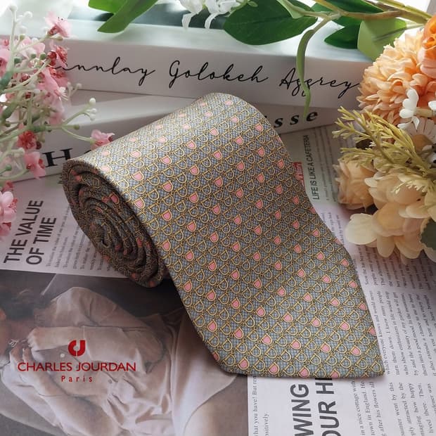 샤를주르당 실크 그레이&옐로&핑크 넥타이 9.6cm A+등급 K1434
