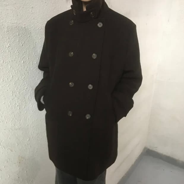 원더원더 론브 하이넥 더블 하프 코트 블랙