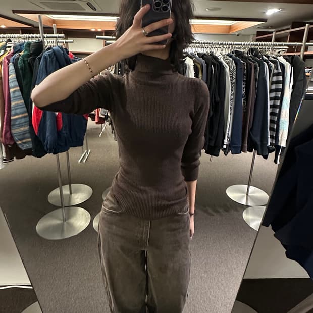 M)일본 빈티지 여성 브라운 골지 터틀넥 스웨터