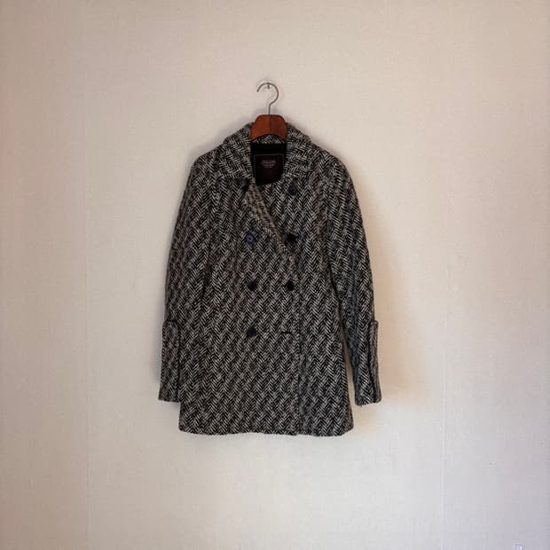 코치 정품 더블 코트 헤링본 2 사이즈 모헤어 가죽 디테일