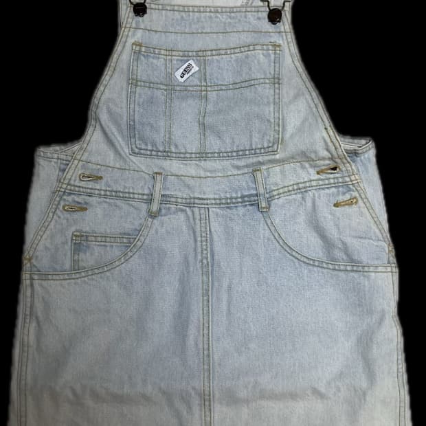 80s 빈티지 게스 데님 청치마 멜빵치마 오버롤 연청 라이트워시 