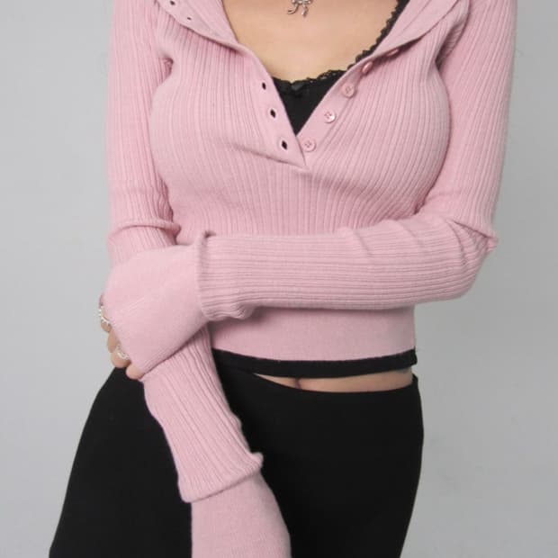 페일제이드 버튼 리브드 니트 탑 핑크