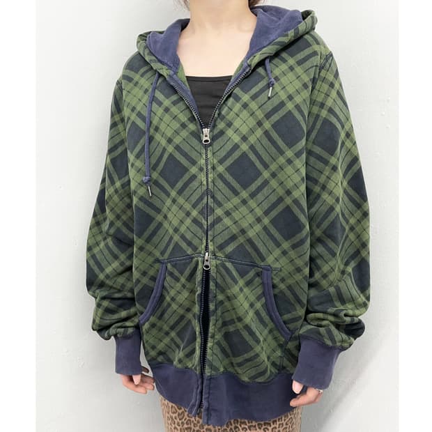 그린 체크 투웨이 후드집업