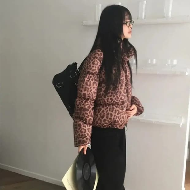 레오파드 호피 숏 패딩 크롭 패딩