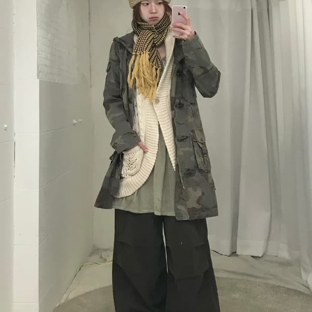 빈티지 카키 카모 그런지 스트릿 코디 세트