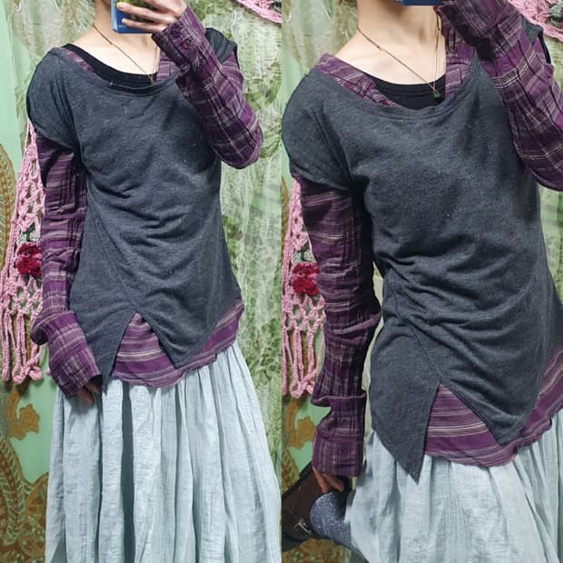 언발 절개 레이어드 반소매 티셔츠 그레이