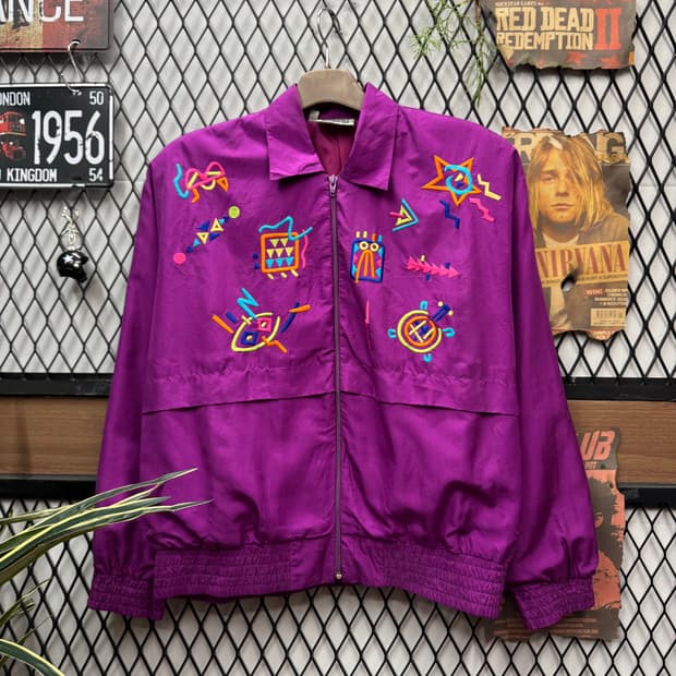 90s USA VINTAGE 올드스쿨 아노락 기하학 자수 포인트 퍼플