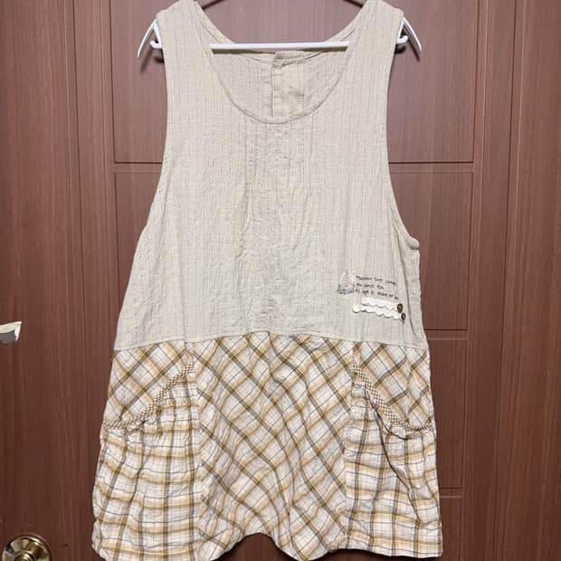 모리걸 하구미 일본 빈티지 옐로우 체크 레이스 자수 에이프런 앞치마