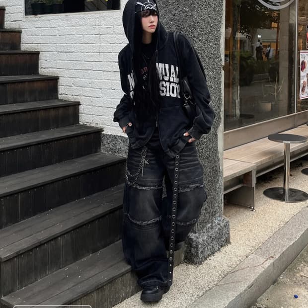 (미착용 새상품) 노매뉴얼 빈티지 와플 후드집업 (블랙) (s)