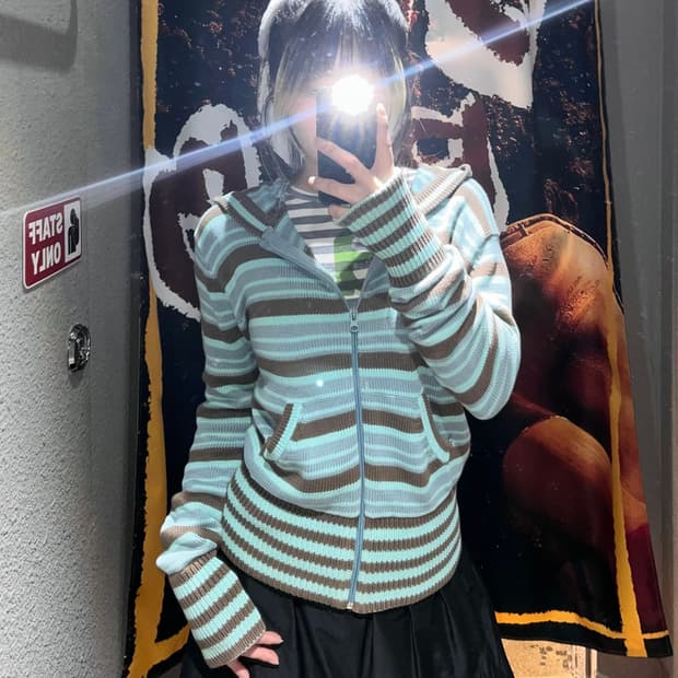 빈티지 스트라이프 니트 후드집업