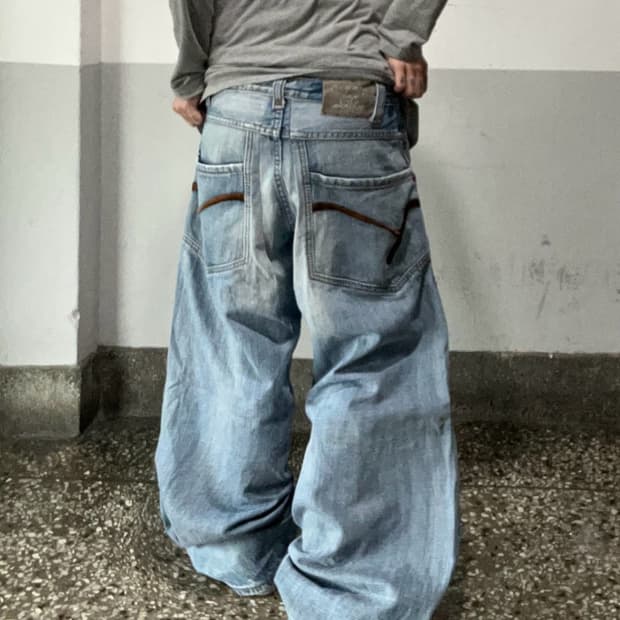 워크웨어 화이트 워싱 와이드 데님 팬츠