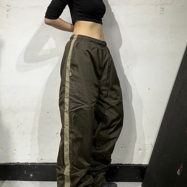 일본 빈티지 와이드 브라운 베이지 트랙 팬츠 추리닝 바지 L