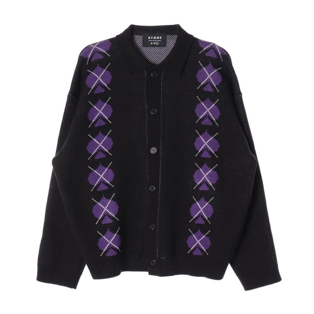 XTONZ 블랙 퍼플 아가일 카라 가디건 L