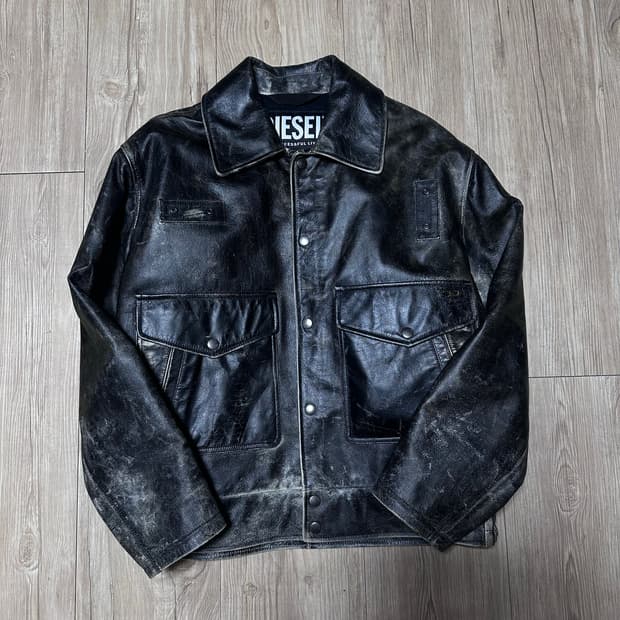 디젤 블랙 레더 자켓 데미지 스타일 L