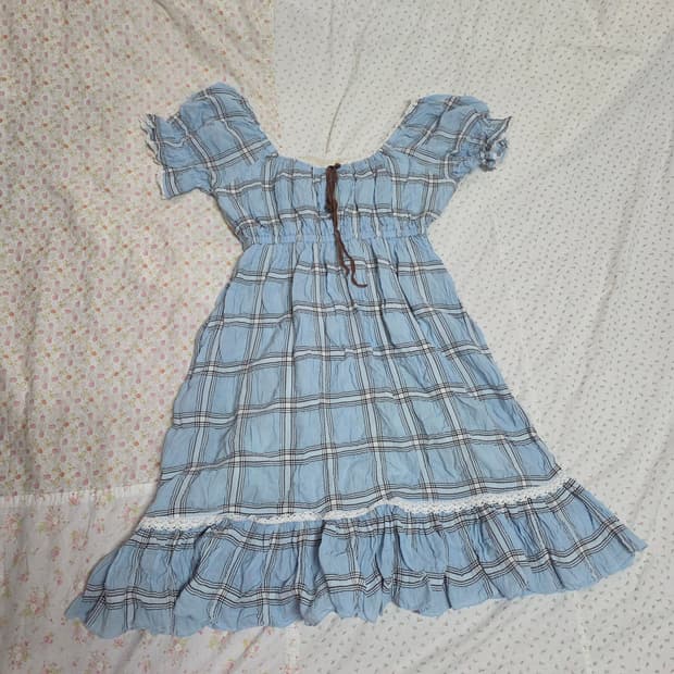 빈티지 하늘색 체크 원피스 로걀 엑시즈팜 일브