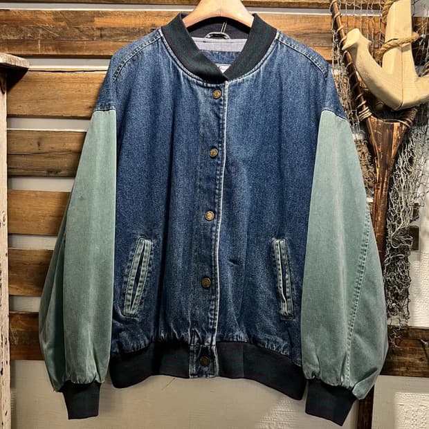 [L]90's USA 빈티지 워싱 데님 그린 바시티 자켓