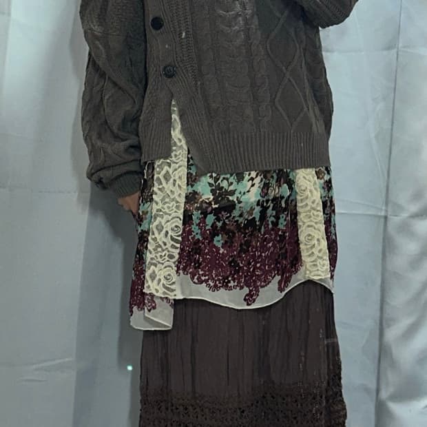 모리 원 옵숄 니트 오리엔탈 레이스 원피스 뮤트 퍼플 크로셰 스커트 코디