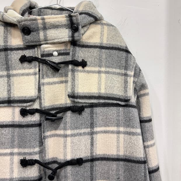 핸드메이드 투톤 체크 울 후드 롱 더플코트