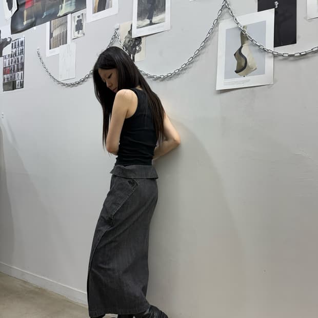 요지 야마모토 누아르 폴드 데님 롱 스커트