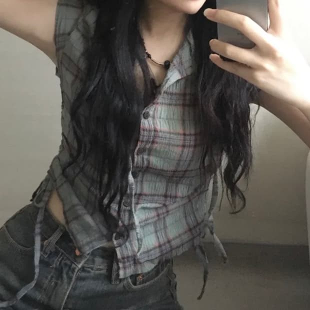 [빈티지] 포레스트 체크 반팔 후드 셔츠 블라우스 