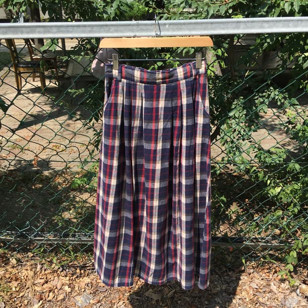 네이비 체크 롱 스커트