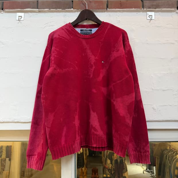 Tommy Hilfiger 레드 코튼 다잉 워시드 니트 스웨터