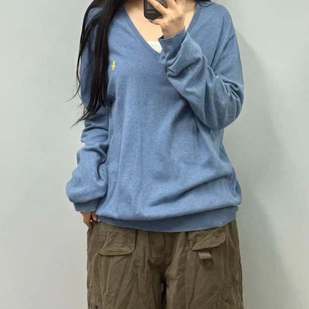 폴로 랄프로렌 피마코튼 스카이블루 브이넥 니트