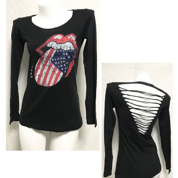 빈티지 갸루 펑크 성조기 스터드 컷아웃 데미지 롱슬리브 탑