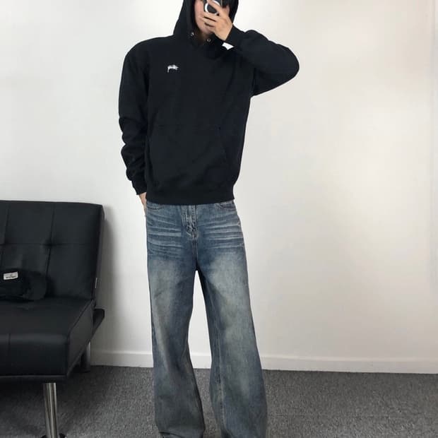 스투시 정품 자수로고 후드 블랙