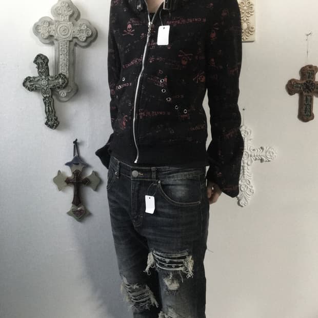 Cat ear skull pattern hood zip up