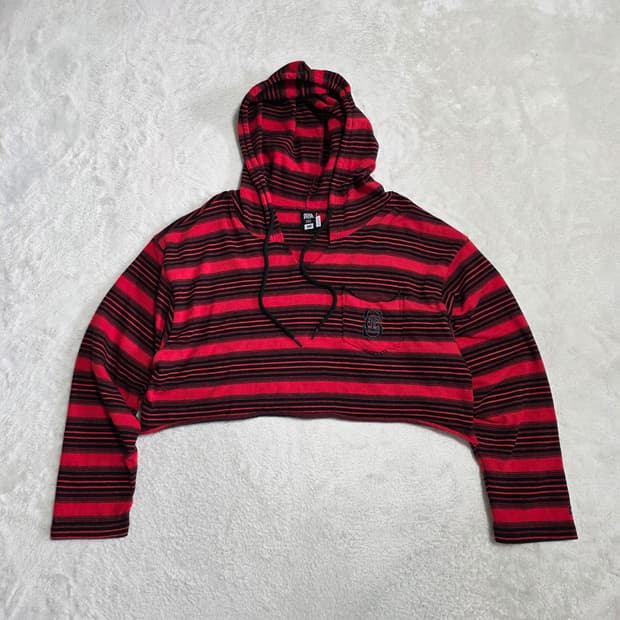 (F)여성 스컬프터 스트라이프 크롭 후드티