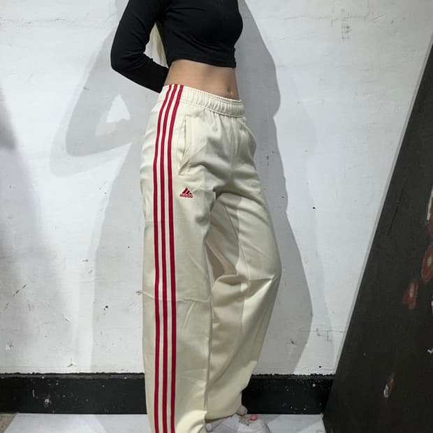 아디다스 크림 베이지 레드 삼선 와이드 트레이닝 바지 추리닝 팬츠 XS