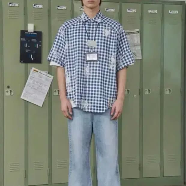 STU 디스트로이드 페인팅 블루 체크 셔츠