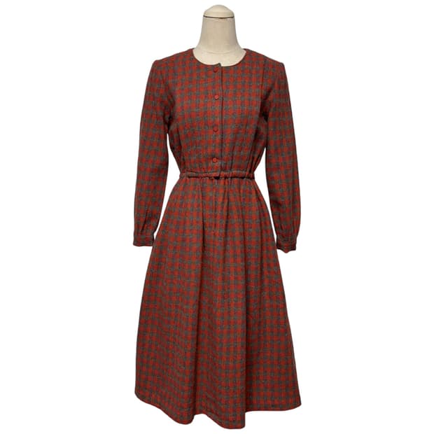 3799 레드 체크 모직 긴팔원피스
