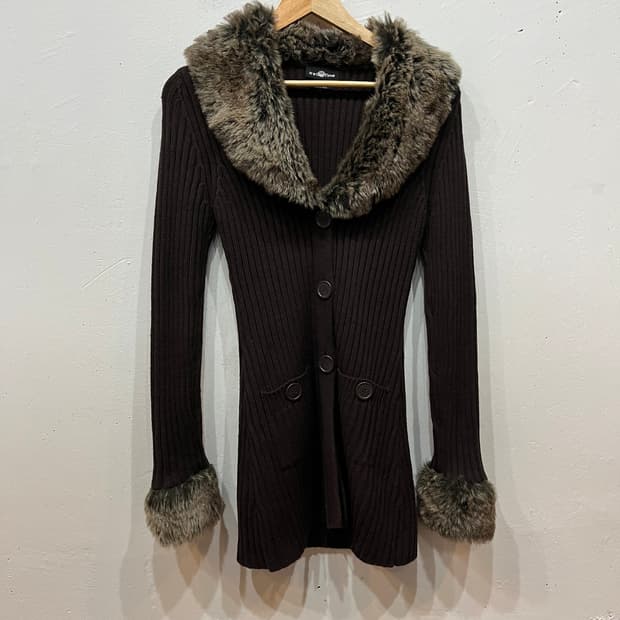 JPN 퍼 골지 모리 롱 가디건 브라운 