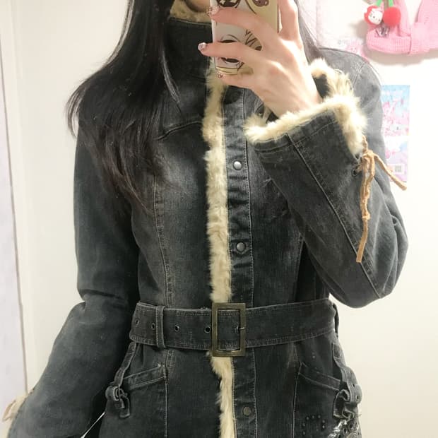 빈티지 청 퍼 코트 나비 자켓 오네갸루 오리엔탈 페어리 그런지 핀터깔