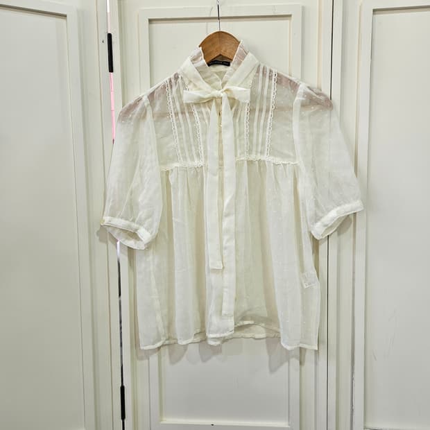 도트 시스루 리본 블라우스