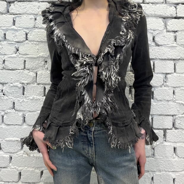 Washed Black Denim Frayed Jacket