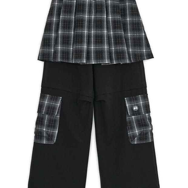 허그유어스킨 체크 스커트 레이어드 카고 팬츠 블랙