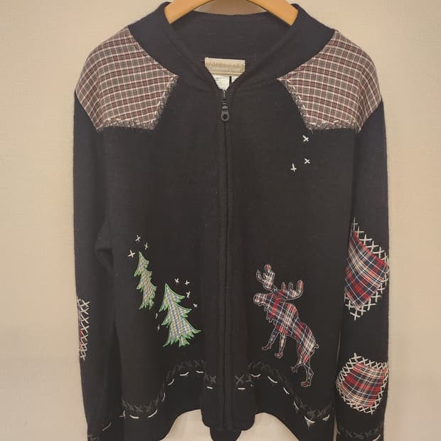 ((미국 빈티지))블랙 겨울❄️사슴🦌패치스타일 니트 집업가디건