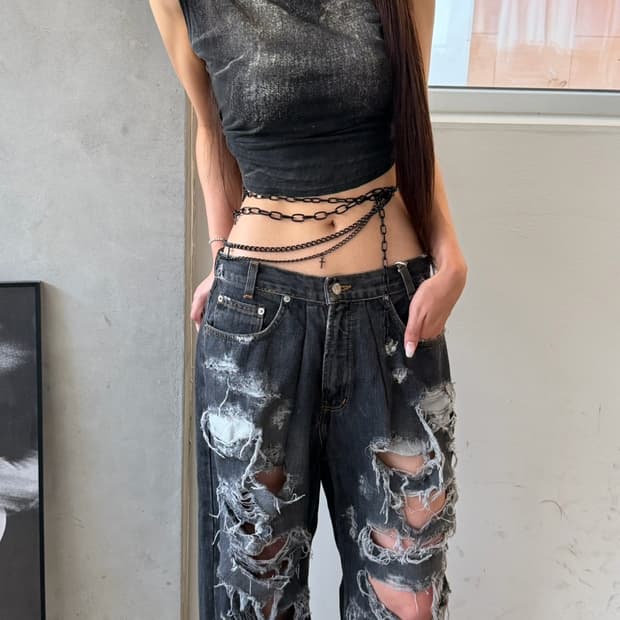 reworked black wash damage denim 