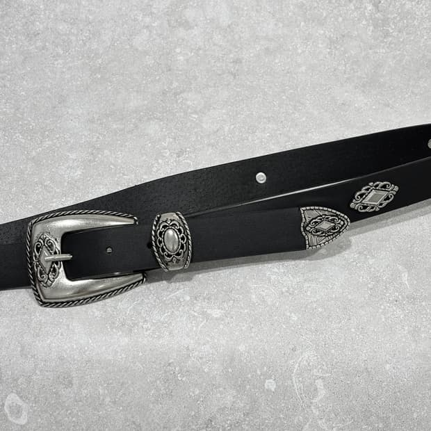 Oribell 앤틱 크롬 버클 가죽 클래식 웨스턴 벨트 블랙