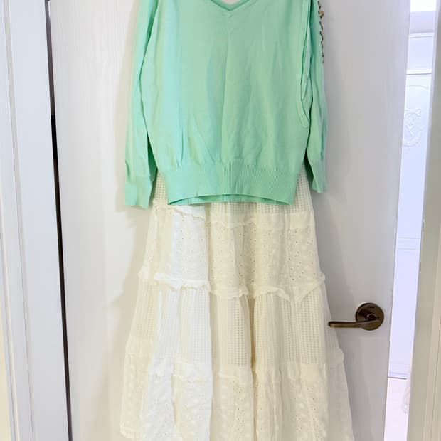 일본빈티지 오프숄더 브이넥 민트니트 세트