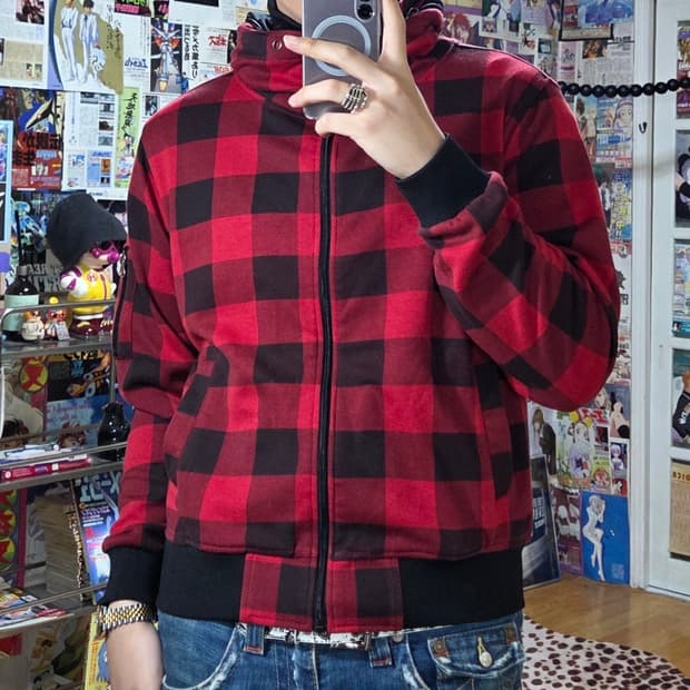 JPN 레드 체크 하이넥 후드 집업