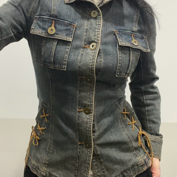 코르셋 레이스업 슬림 워싱 하이넥 데님 자켓