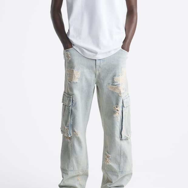 자라 디스트레스드 립드 연청 데님 카고 팬츠