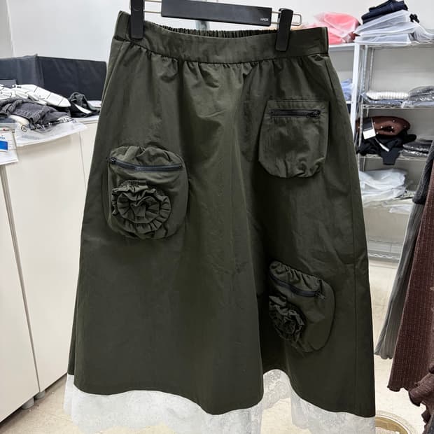 로즈 카키 레이스 롱스커트