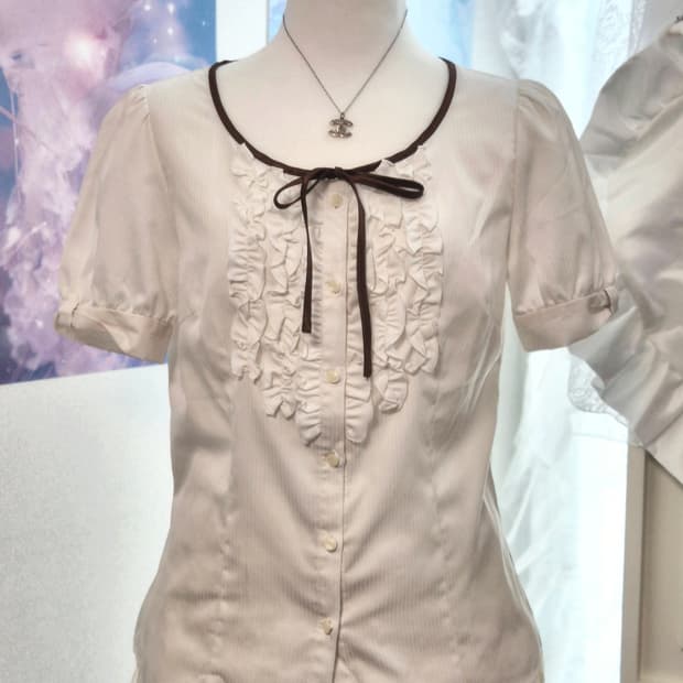 라떼맛 리본 스트라이프 핀턱 프릴 블라우스 라떼갸루 히메갸루