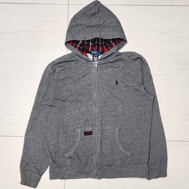 폴로 그레이 레드체크 후드집업 L