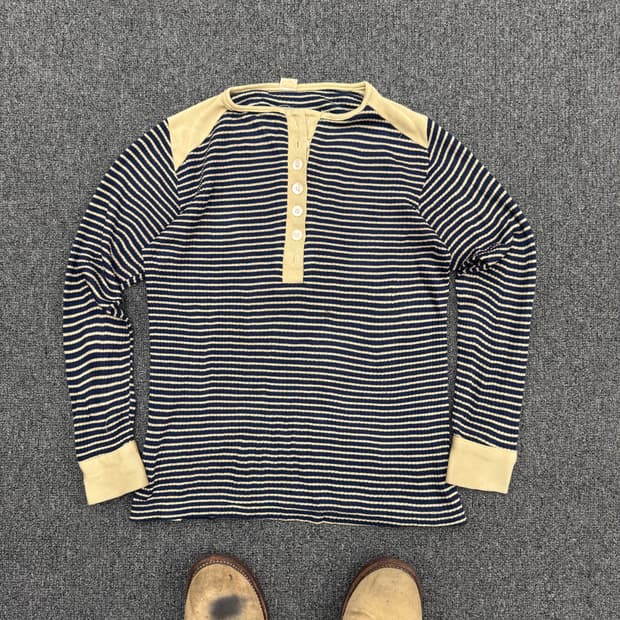 Japanese vintage 여성 스트라이프 헨리넥 롱슬리브